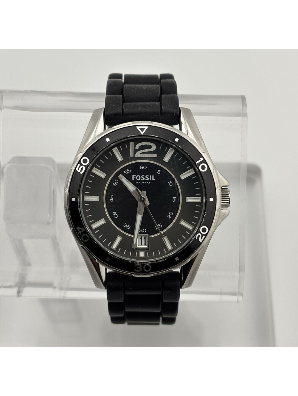 Fossil AM-4264 Sport Watch 38mm Black Sector Style Dial Rubber Band Date 100M